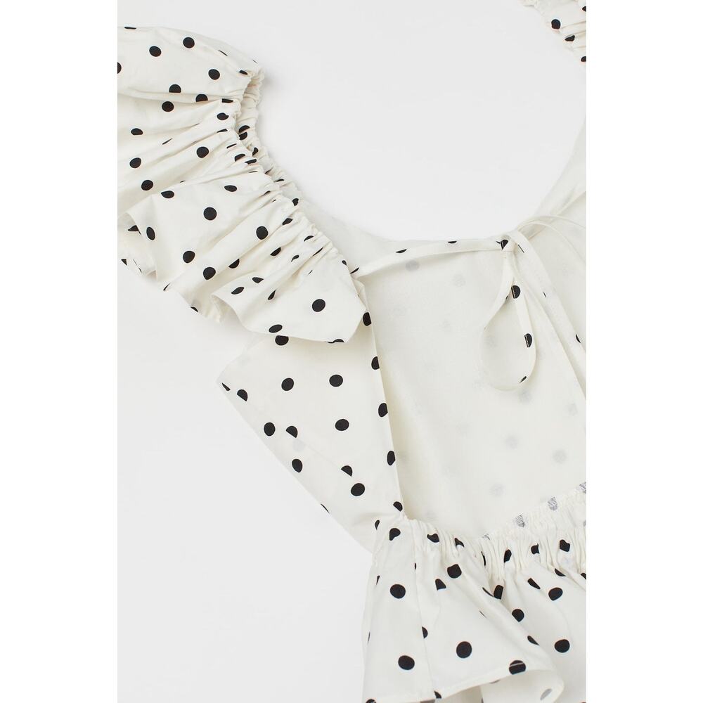 H&M Shirt Womens Small White Blouse Crop Top Puff Short Sleeve Polka Dot Ladies - Picture 2 of 9
